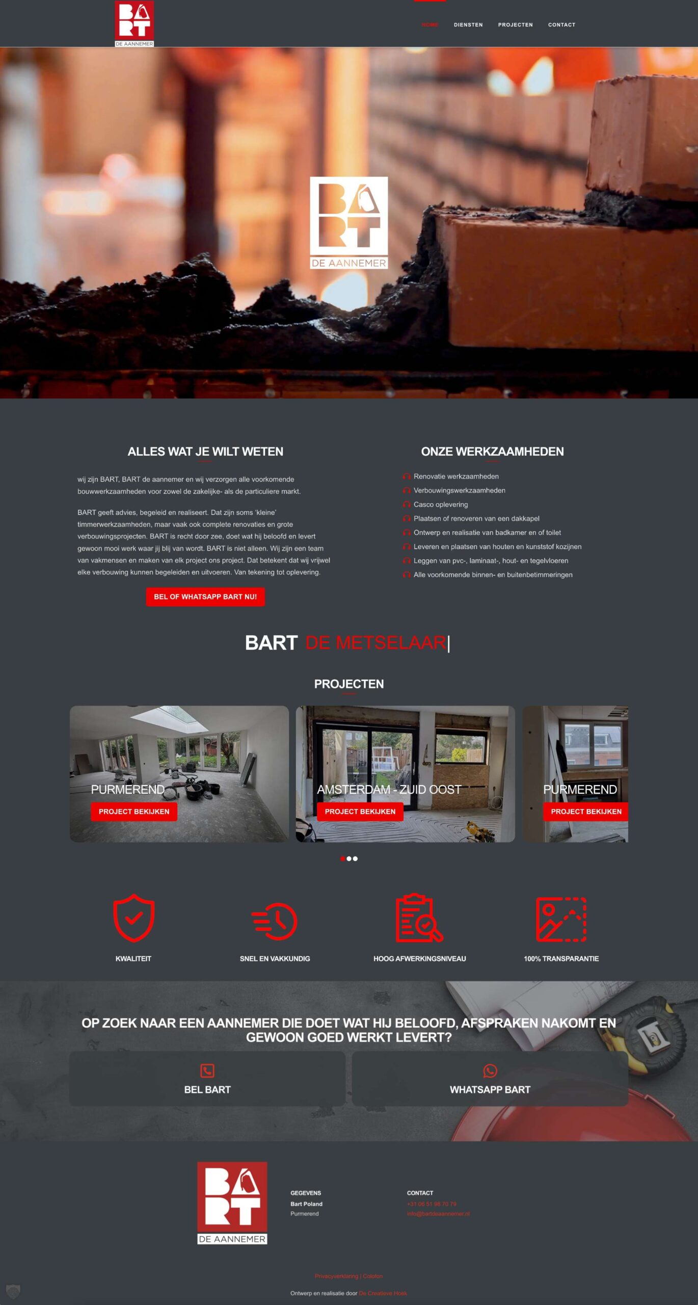 Bart de Aannemer - oplevering One page Wordpress website